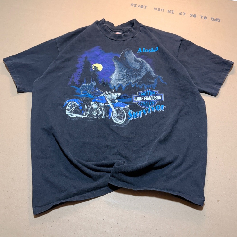 1993 Harley Davidson T Shirt XL Black Good Alaska Wolf Survivor Vintage 90s